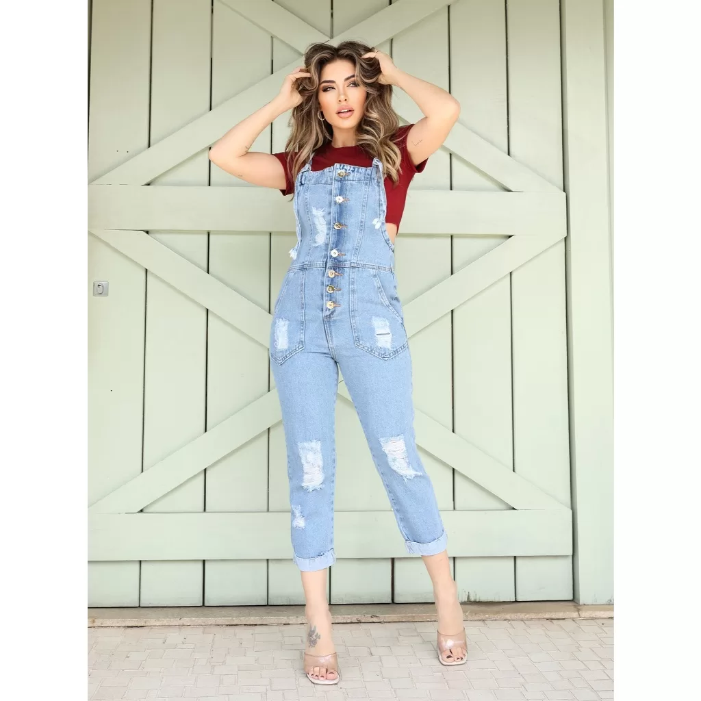 Jardineira Jeans Feminina Slim Com Botões na pantacour11#