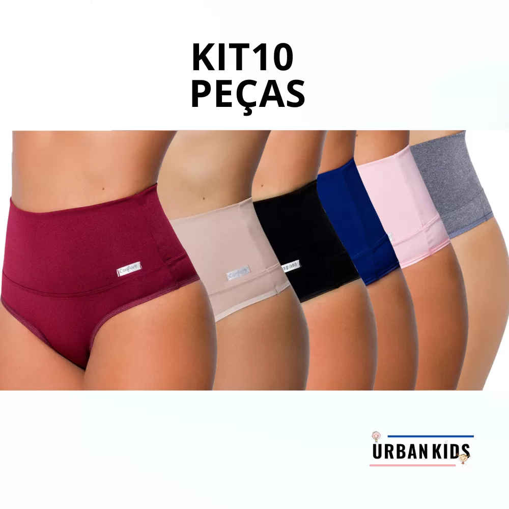 Kit 10 Calcinhas Cinta Modeladora Pós Parto Cós Alto Redutora De Medidas Seca Barriga Compreensão