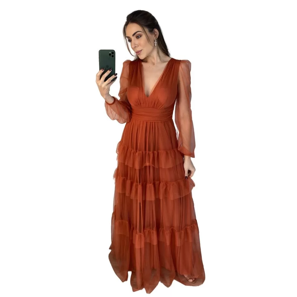 Vestido de Festa de Tule Manga Longa com Babados para Casamento e Formaturas