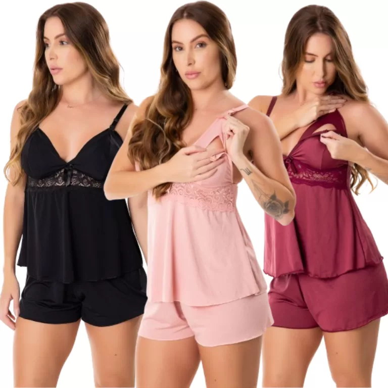 Pijama Baby Doll Amamentação Com Renda Short Dol