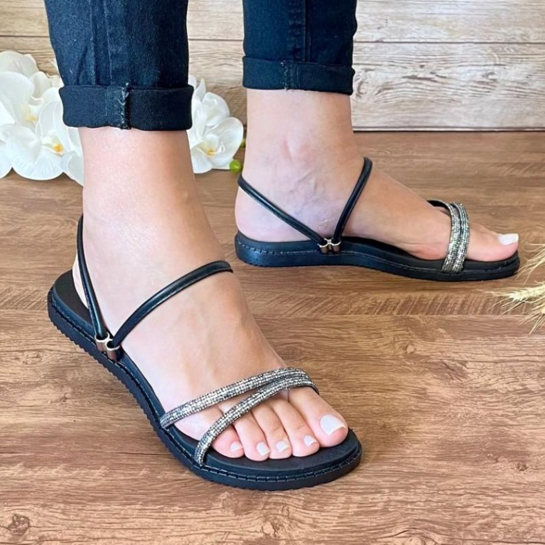 Rasteirinha Calce Fácil Flat Glitter Strass Sandália Plana Rasteira Sandália Feminina Papete Macia