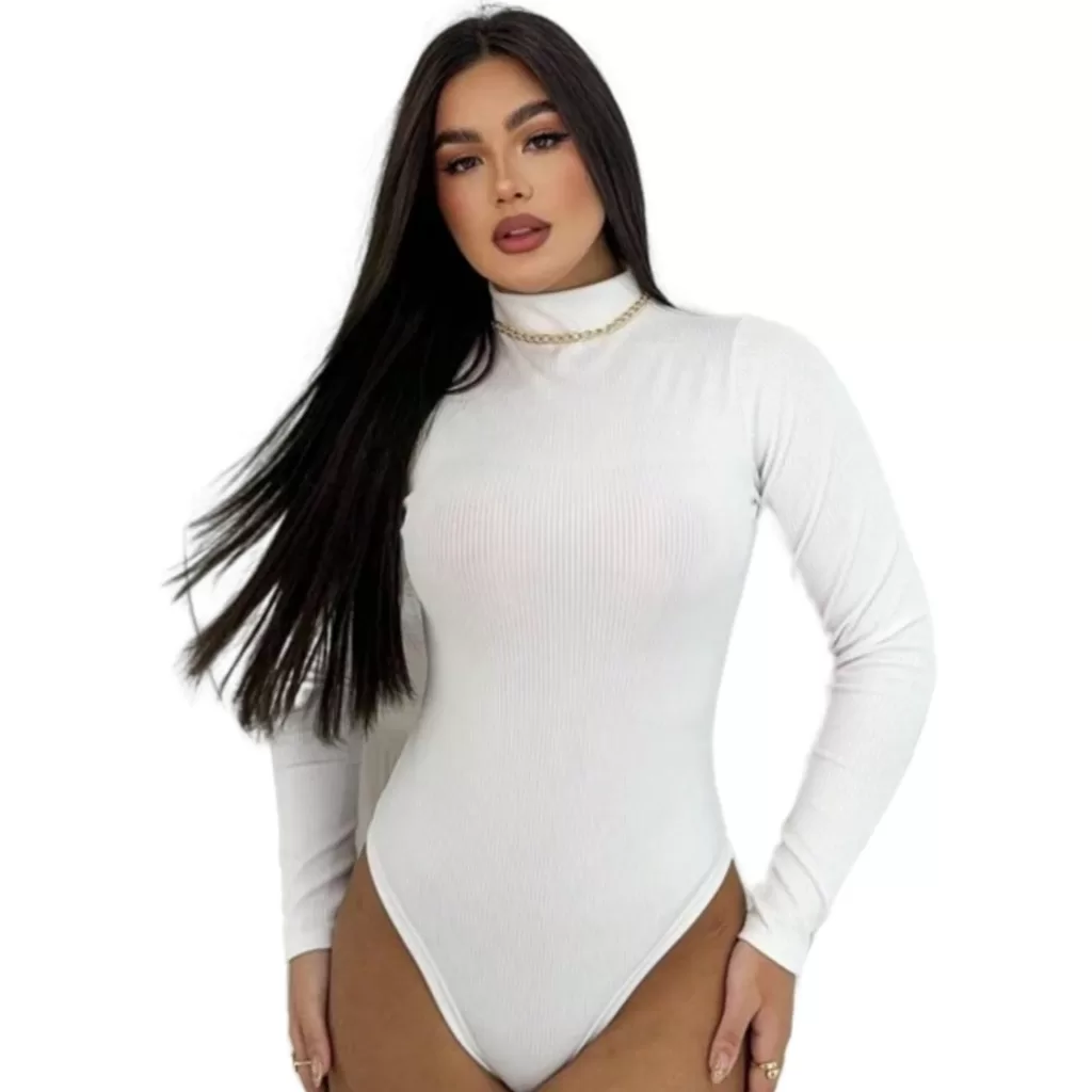 Body Feminino Manga Longa Gola Alta Segunda Pele/Tecido Canelado