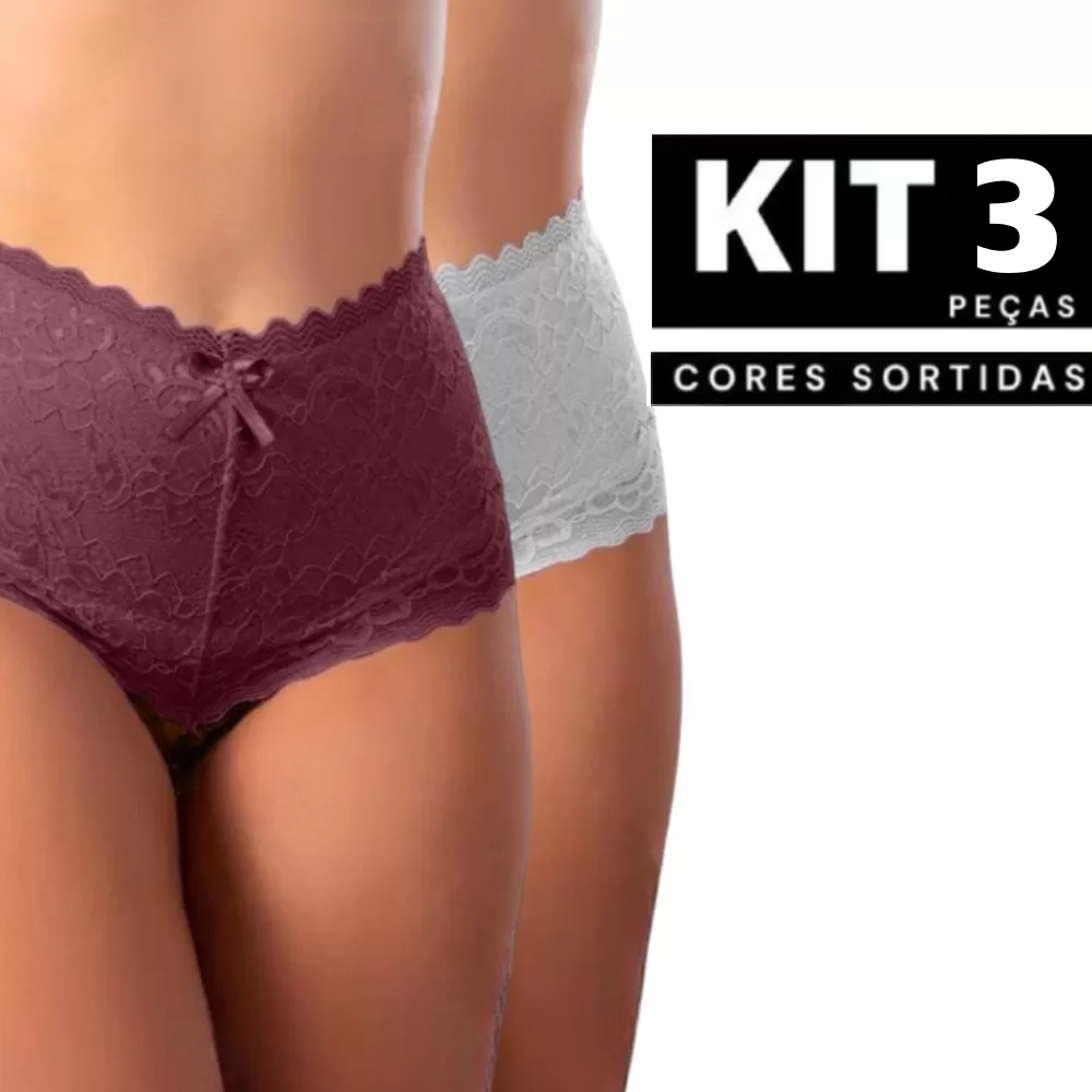 Kit 1 à 3 Calcinhas Cintura Alta em Algodão Rendada Confortável Feminina