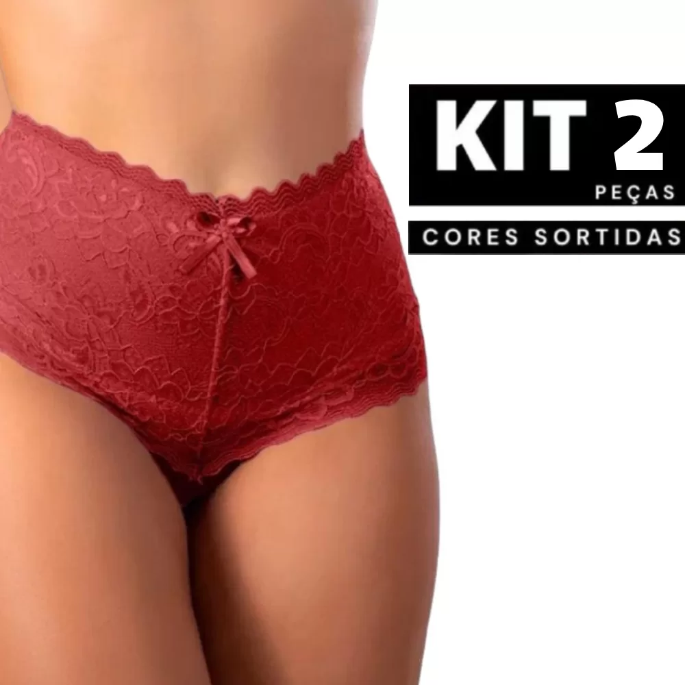 Kit 1 à 2 Calcinhas em Renda Cintura Alta Algodão Confortável