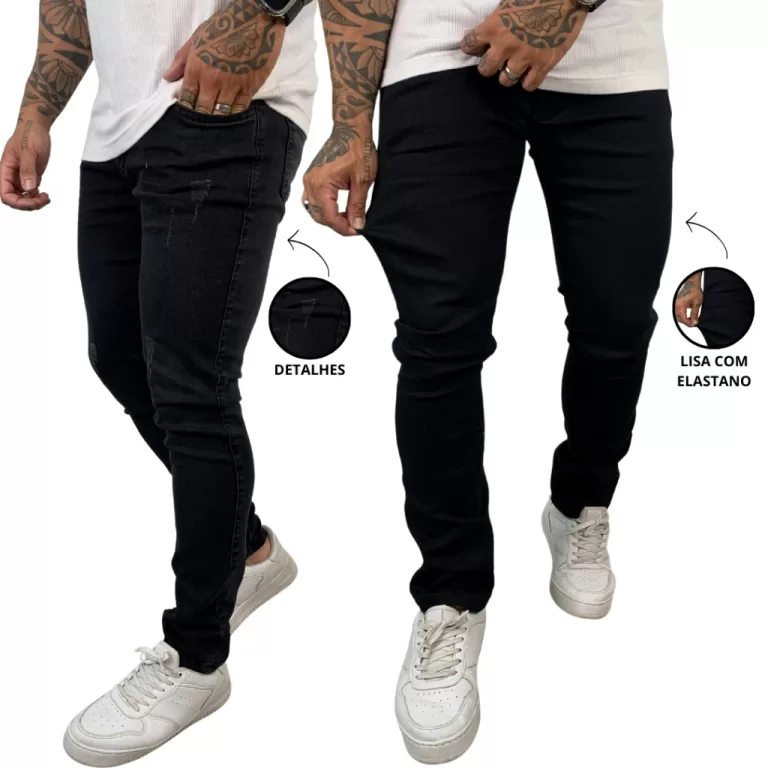 Kit 2 Calças Jeans Preta Masculina Skinny com Lyc