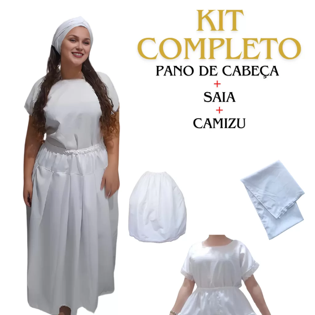 Roupa de Ração Umbanda Feminino Candomblé Conjunto 3 peças Camisu + Saia + Pano de Cabeça (OJA) FULL