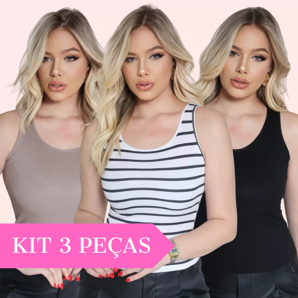 Kit 3 Peças Regata Gola O Blusa Feminina Básica Slim Malha Ribana Canelada Confortável Verão