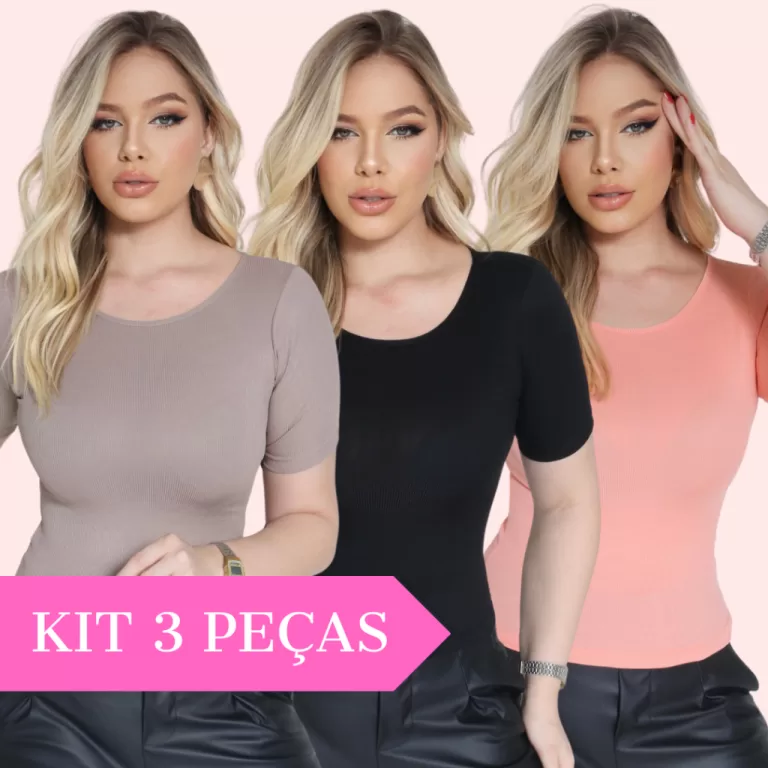Kit 3 Peças Blusa Feminina Manga Curta Gola O Bá
