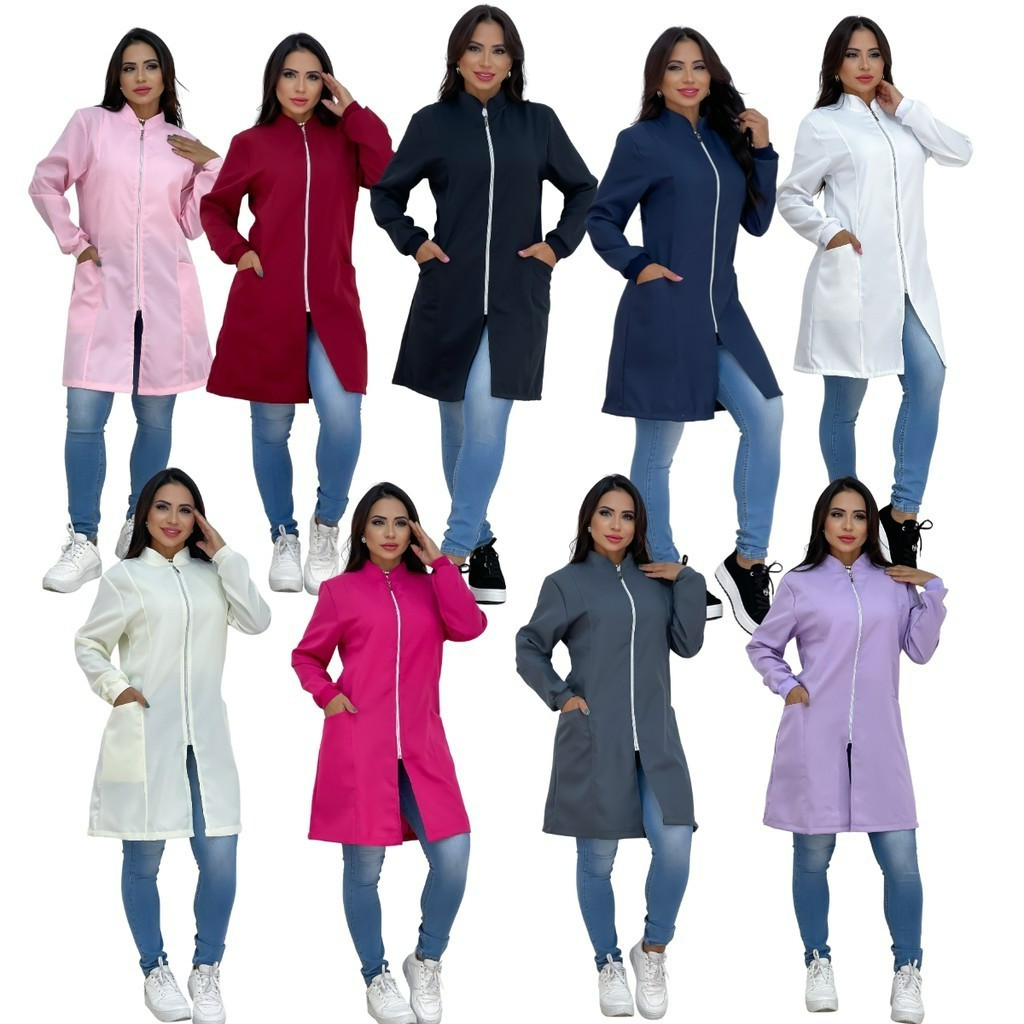 Jaleco Feminino Com Zíper Manga Longa Bolso Lateral Gola Padre Caimento Acinturado Tecido Premium