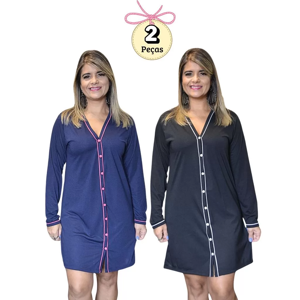 Kit com 3 Camisolas de Amamentação Manga Longa Cirúrgica com Botões em Malha Cores Sortidas