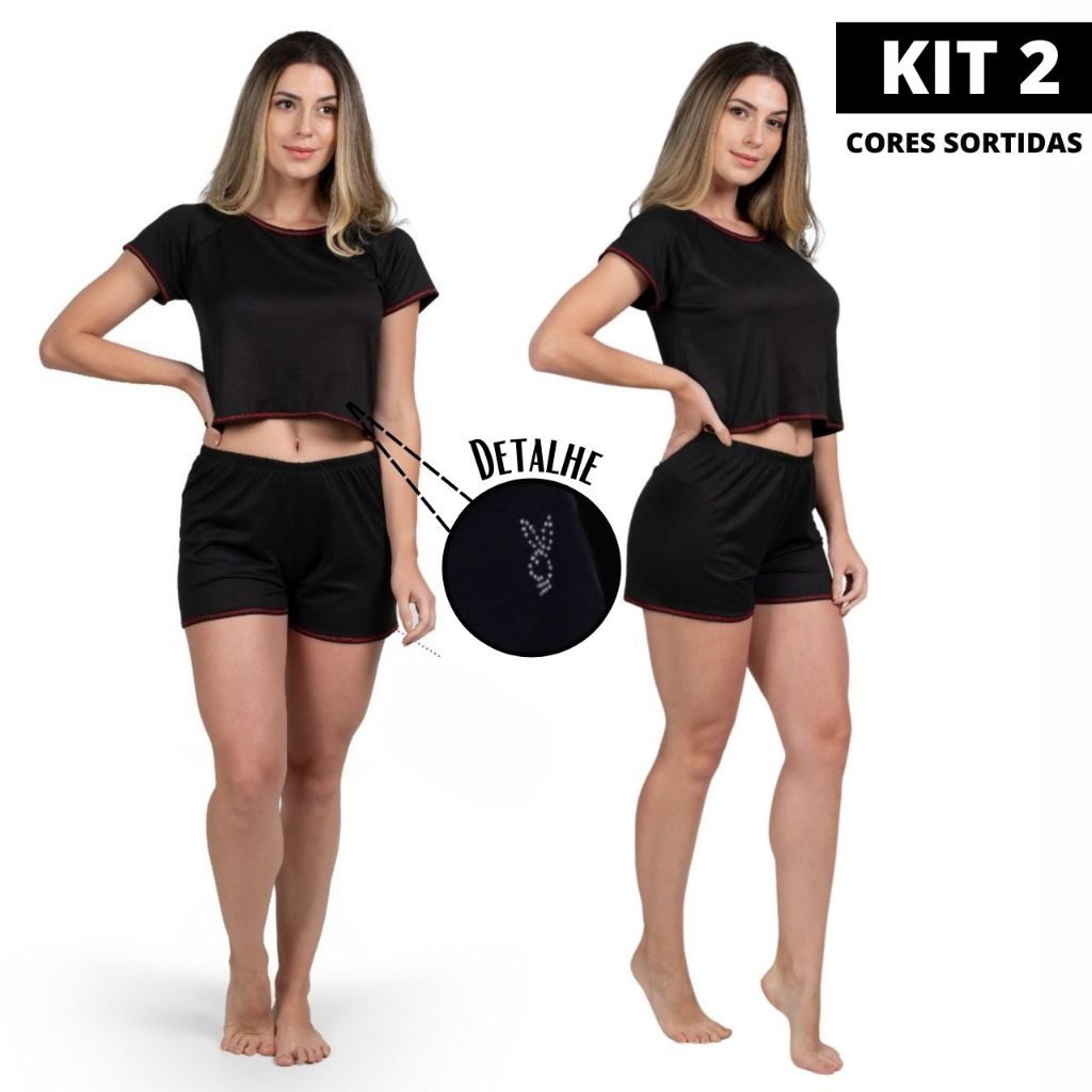 Kit 2 Pijama Verão Baby Doll Malha Conforto Detalhe Play Boy Boa Elasticidade Luciana Feminino