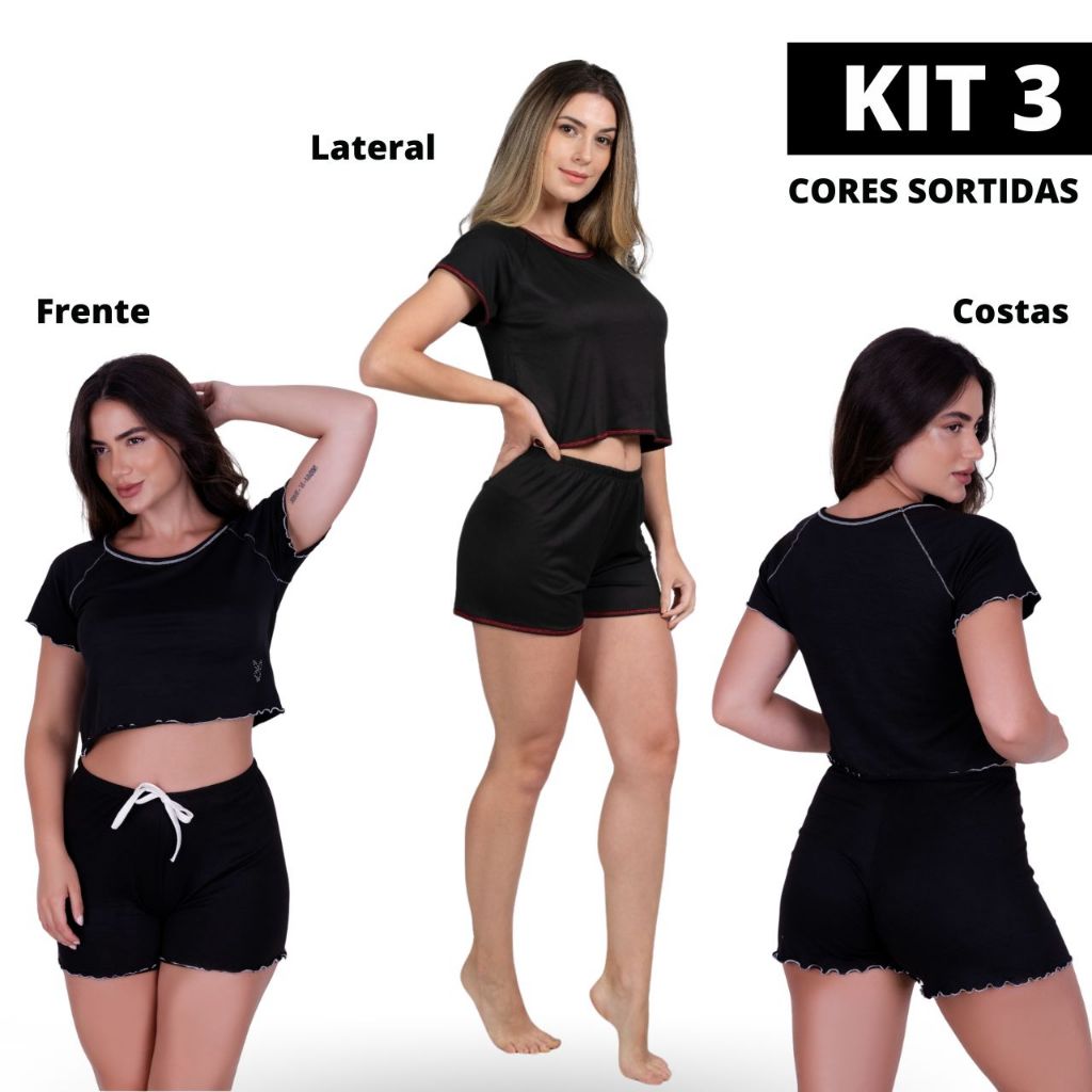 Kit 3 Baby Doll Luciana Blusa Manga Curta Cropped Malha Pijama Dormir Verão Confortável Adulto