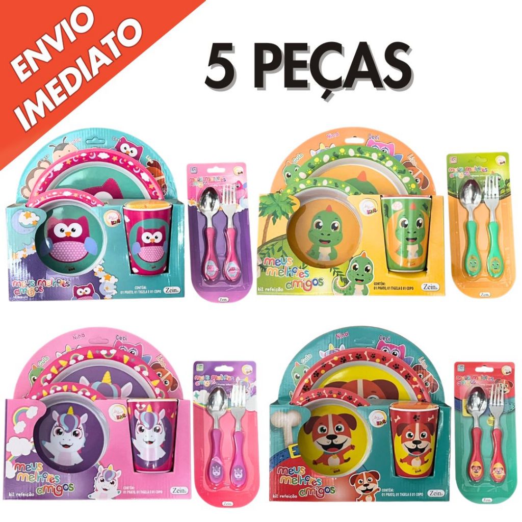 Kit Refeição Alimentação Infantil 3 ou 5 Peças Prato Tigela Copo Kit 2 Talheres para Alimentação
