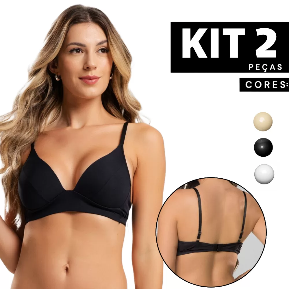 Kit Sutiã com Bojo Sem Aro Decote V Costas Baixas Alça Fina Regulável Microfibra Feminino Edumara