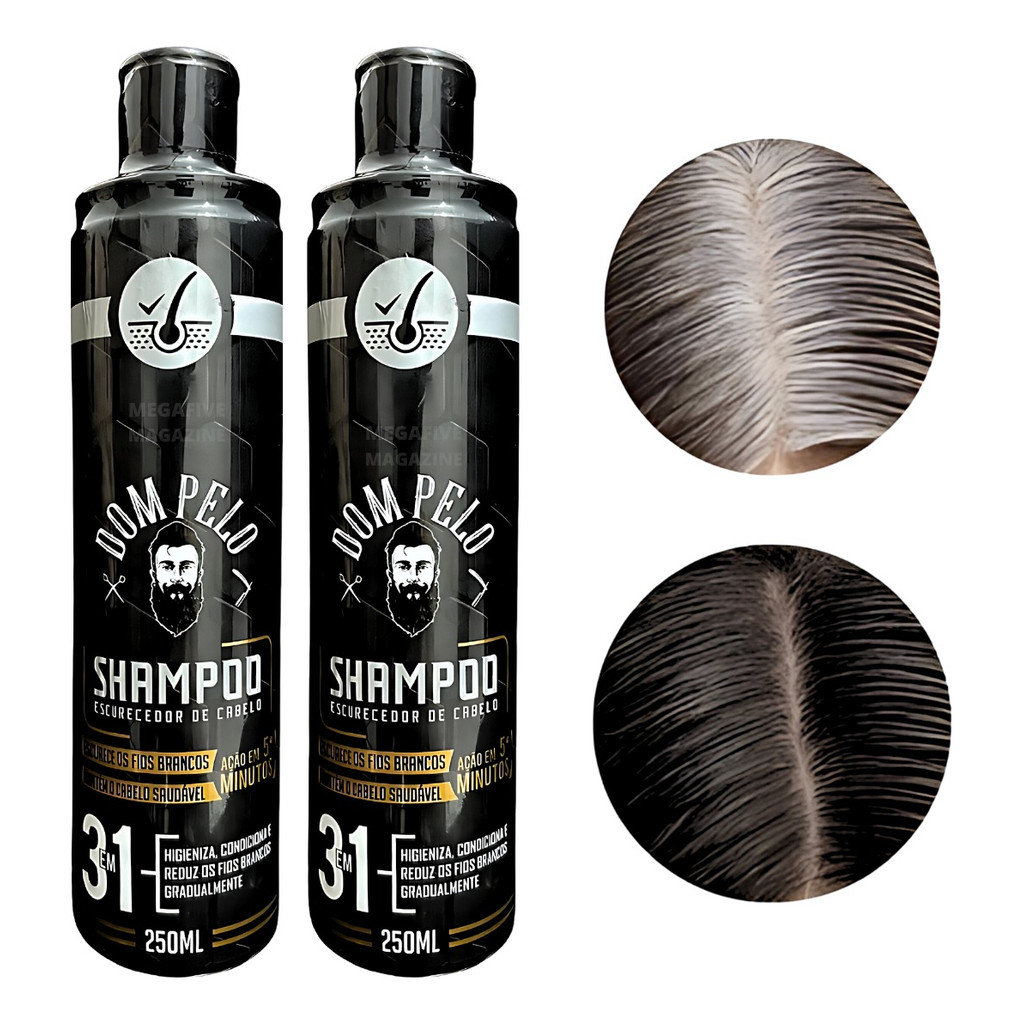 Kit 2 Shampoo Escurecedor Dom Pelo 250ml Reduz Fios Brancos Hair Dye 3 em 1