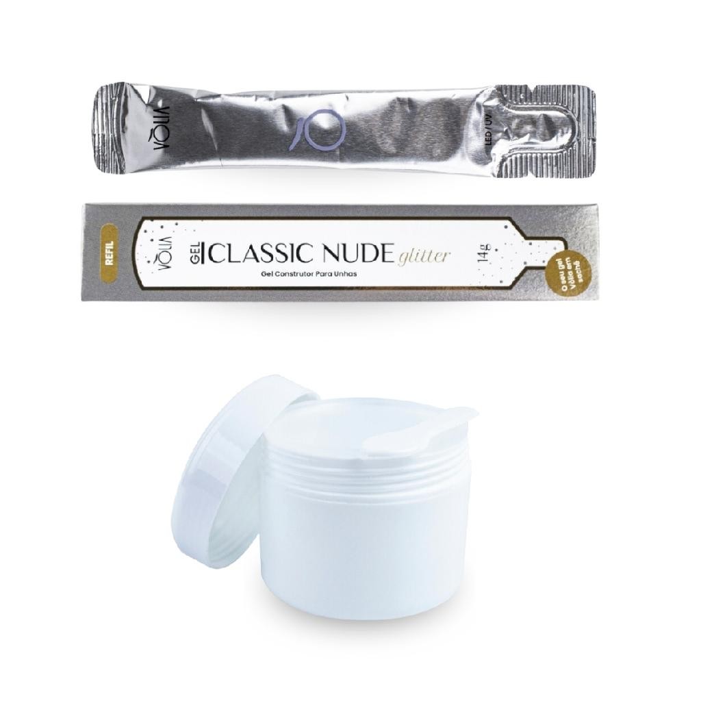 Sachê Classic Nude Glitter 14g Vòlia + Pote Reutilizável 30g Unha de Gel Fibra de Vidro Manicure