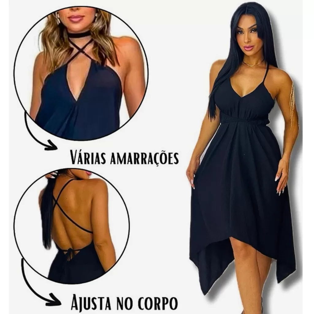 Vestido Feminino Envelope Alcinha Soltinho Com Bicos e Decote Costa Nua