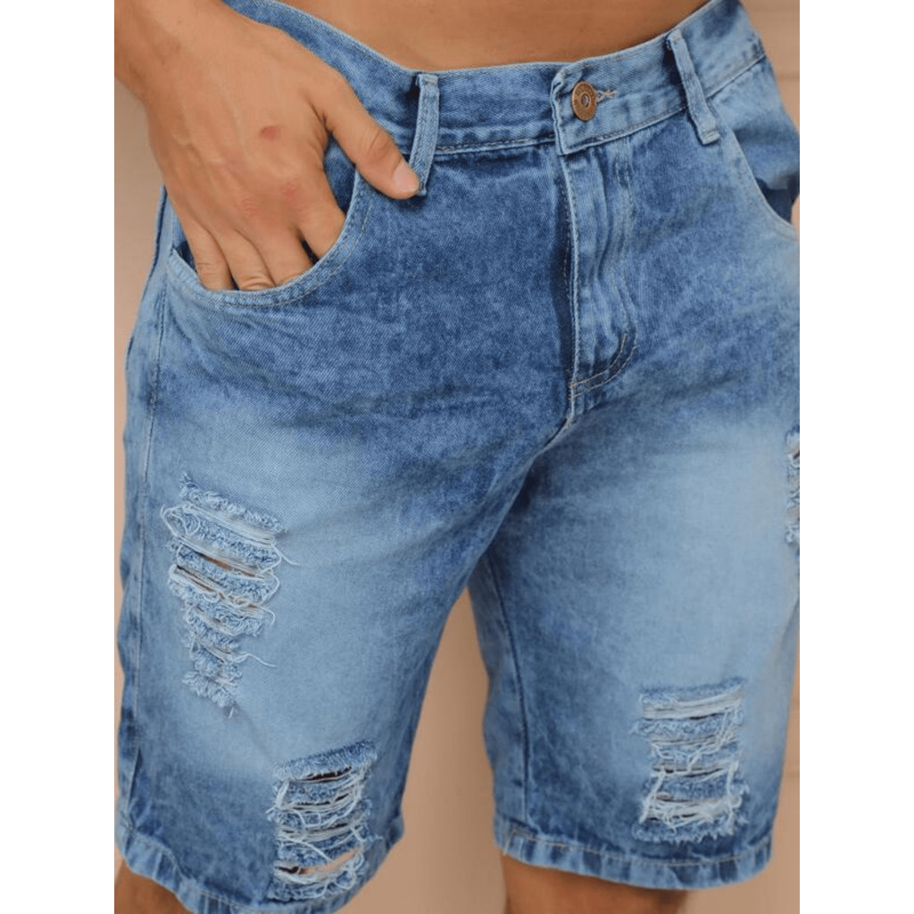 JoJoJa Bermuda Jeans Masculina Rasgado 100% Algodão