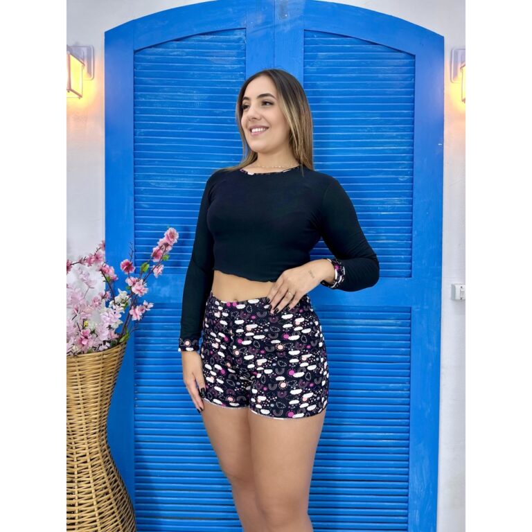 Short Doll pijama suede manga longa linha noite in