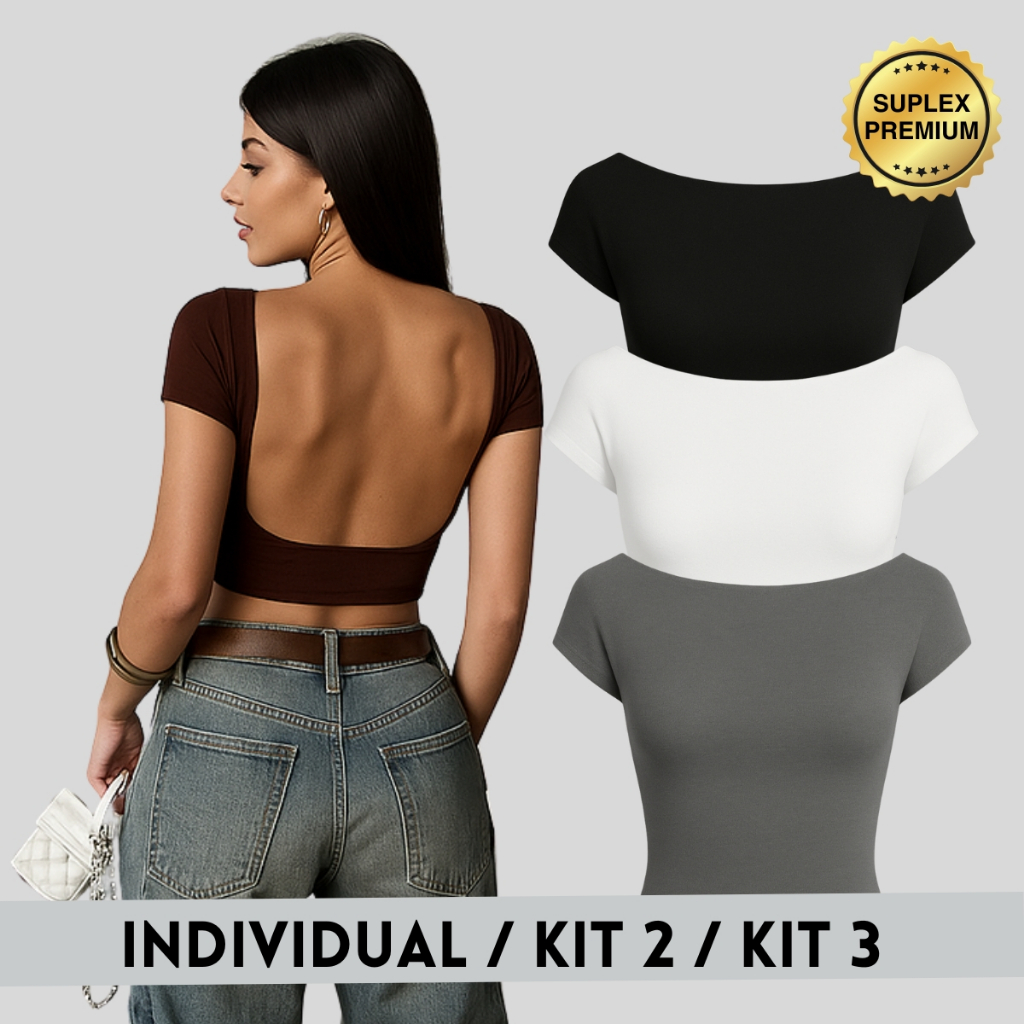 Cropped Costa Nua Feminina Ombro a Ombro manga curta Suplex Baby Tee Liso Casual Básico Tecido Duplo