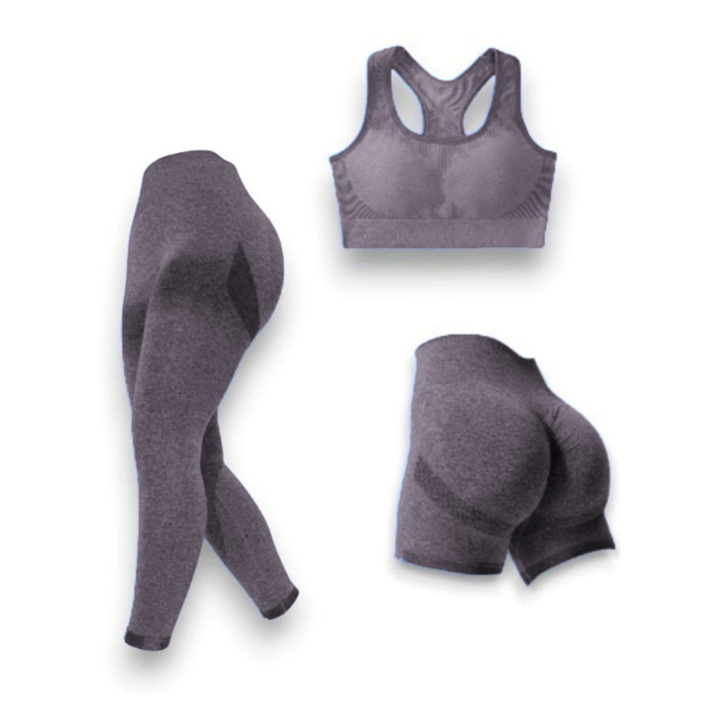 kit 3 Peças Top + Short + Calça legging leg Feminino Canelado Poliamida Grossa Esportivo Importado