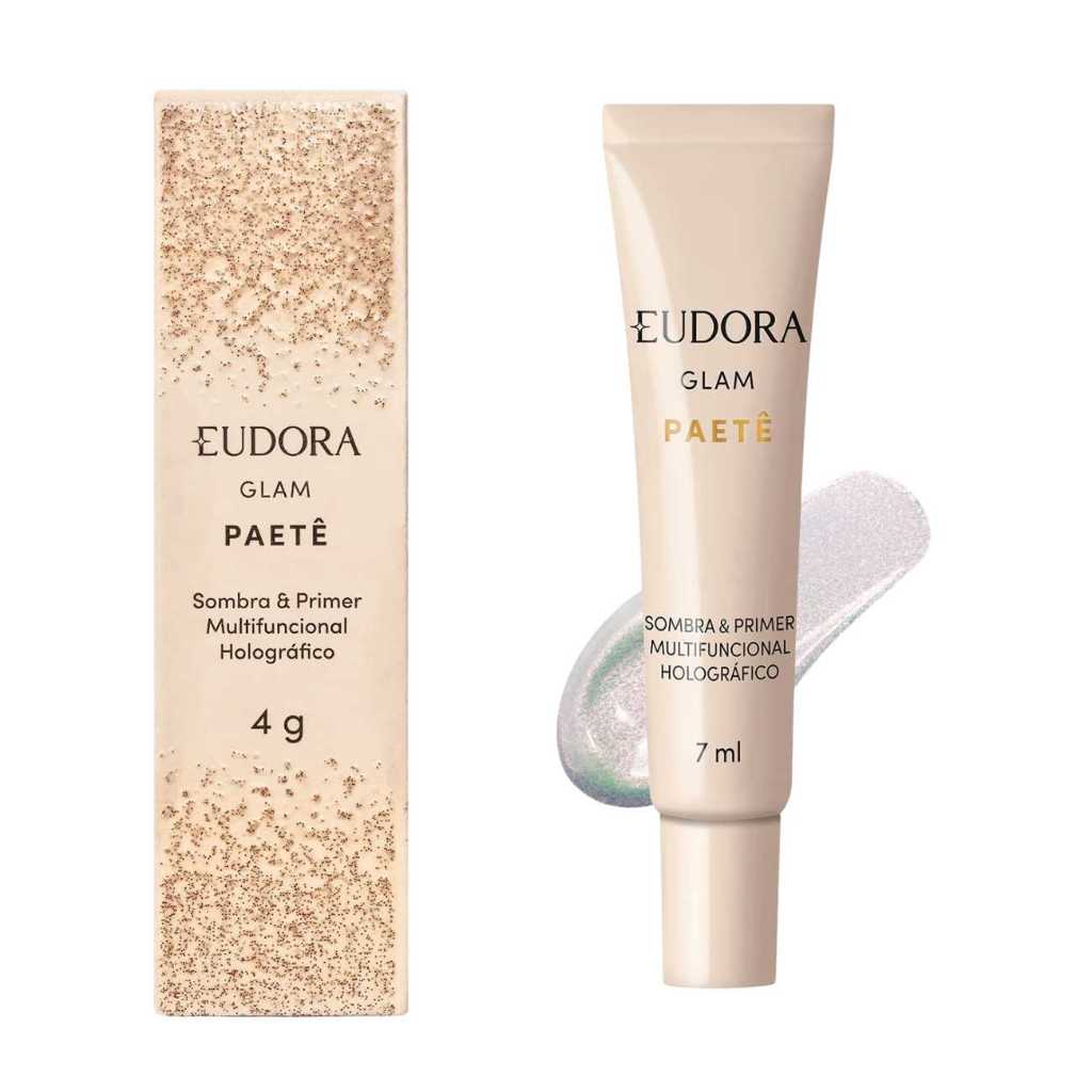Primer E Sombra Multifuncional Holográfico Glam Paetê 7ml de Eudora para Carnaval, brilho intenso