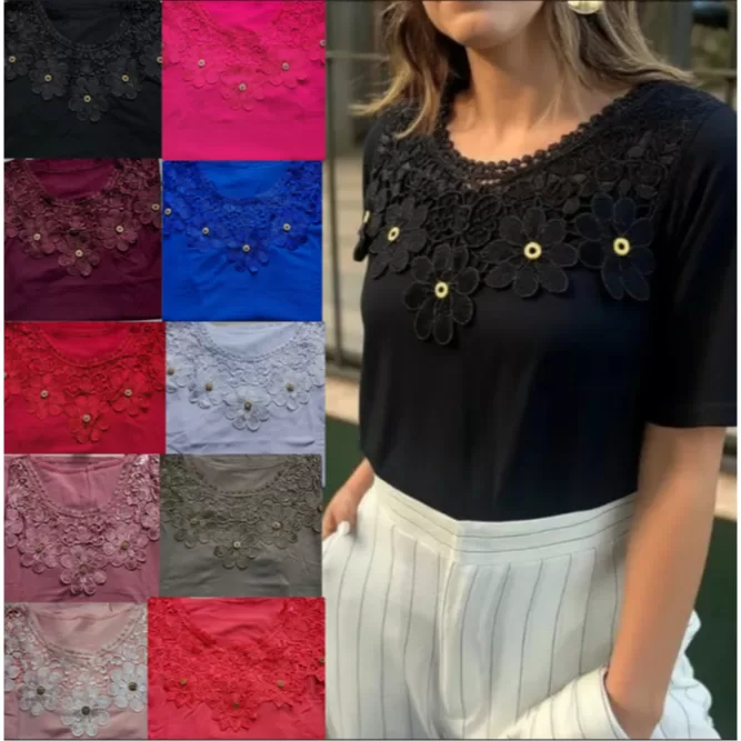 Blusa Feminina Manga Curta – Renda  com Pedr
