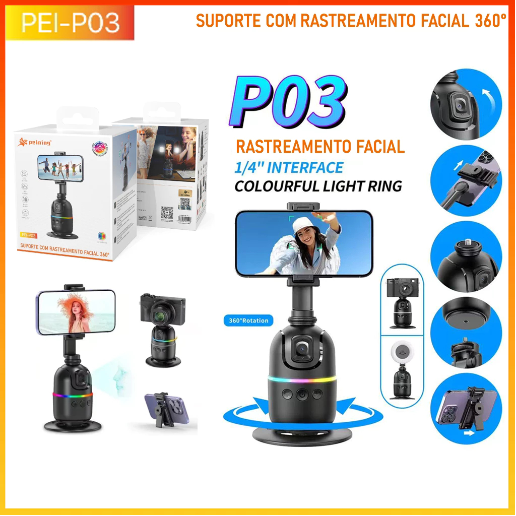 Estabilizador Gimbal de Rotação 360° Rastreamento Facial  de Rosto  Com Suporte para celular PEINING