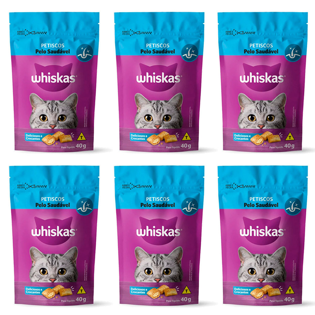 Kit com 6 Petiscos Para Gatos Adulto Whiskas Pelo Saudável