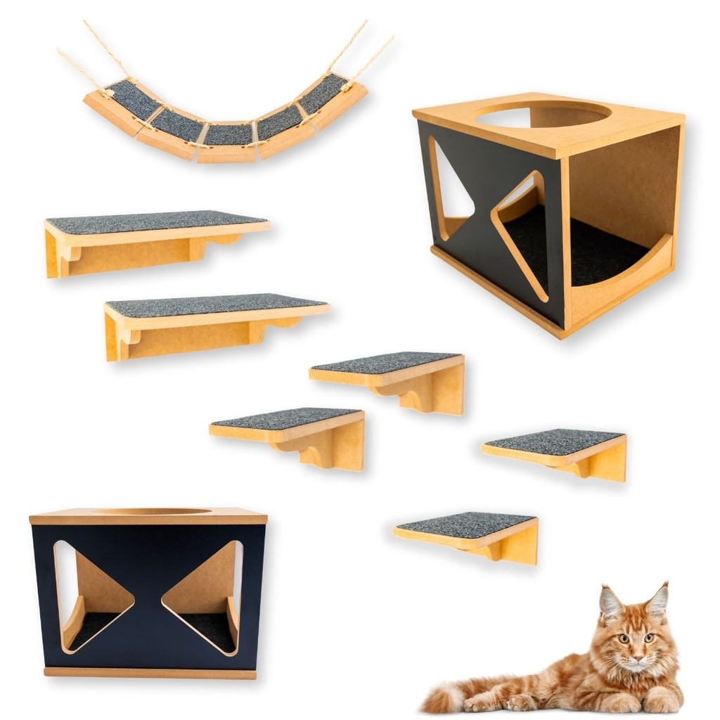 Playground Gato 9pçs C/ Carpete Antiderrapante MDF 15mm REFORÇADO Modelo Geométrico GATIFICAÇÃO