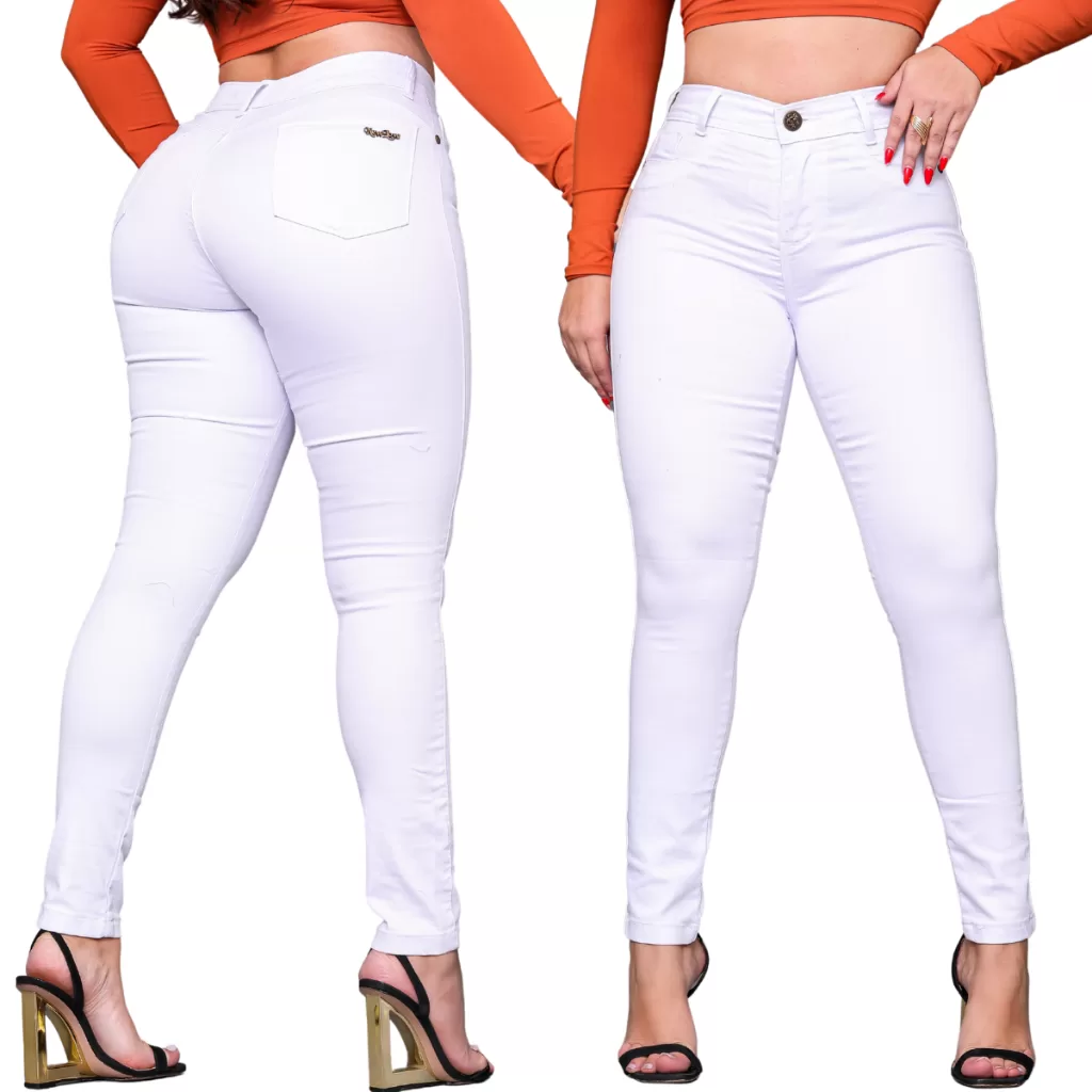 Kit 2 Peças Calça Jeans Feminina Levanta Bumbum Modeladora Skinny Branca Cintura Alta Lycra Premium