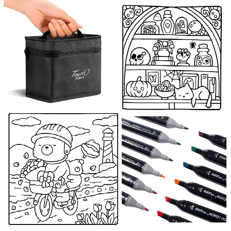 Kit Livro De Colorir + Marcadores Ponta Dupla Cane