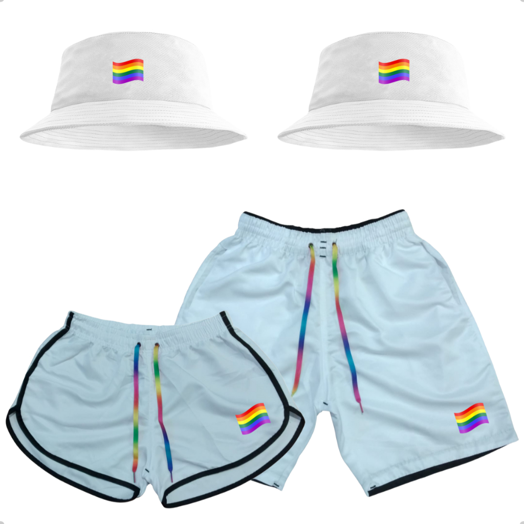 Kit Shorts Casal Lgbt + Conjunto 2 Chapéis Bucket hat Praia Festas LANÇAMENTO lançamento
