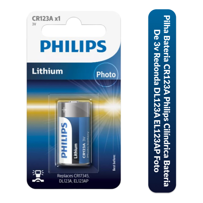 01 Pilha Bateria Cr123 Philips 1 Cartela Camera Fotografica