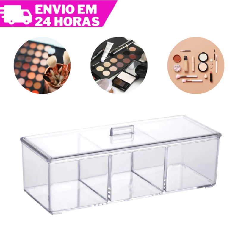 Caixa Organizadora 3 Divisórias em Acrílico com Tampa Porta Cosmético Cotonete Algodão Treco