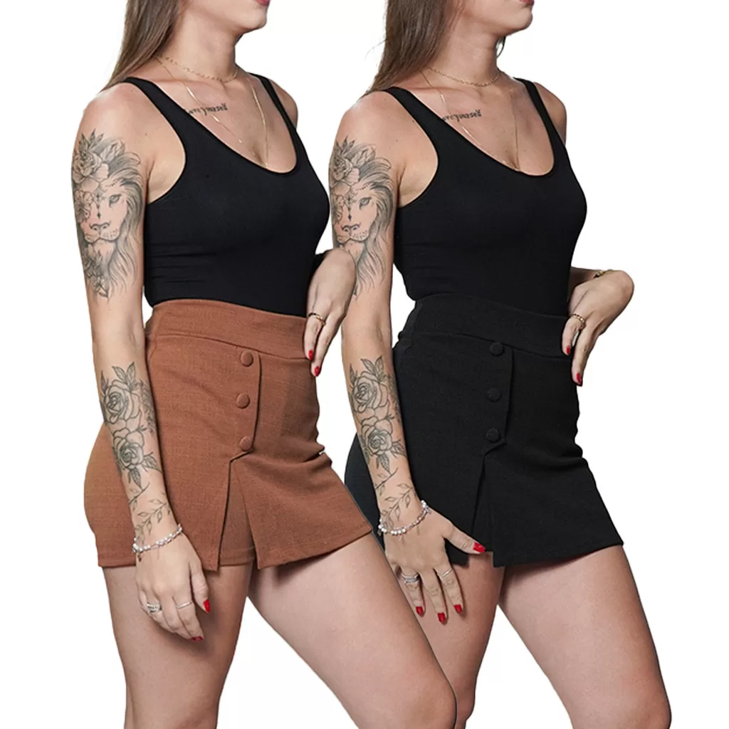 Kit 2 Shorts Saia de Linho Premium Feminina Casual Chique Bolsos Laterais e Botão moda feminina eleg