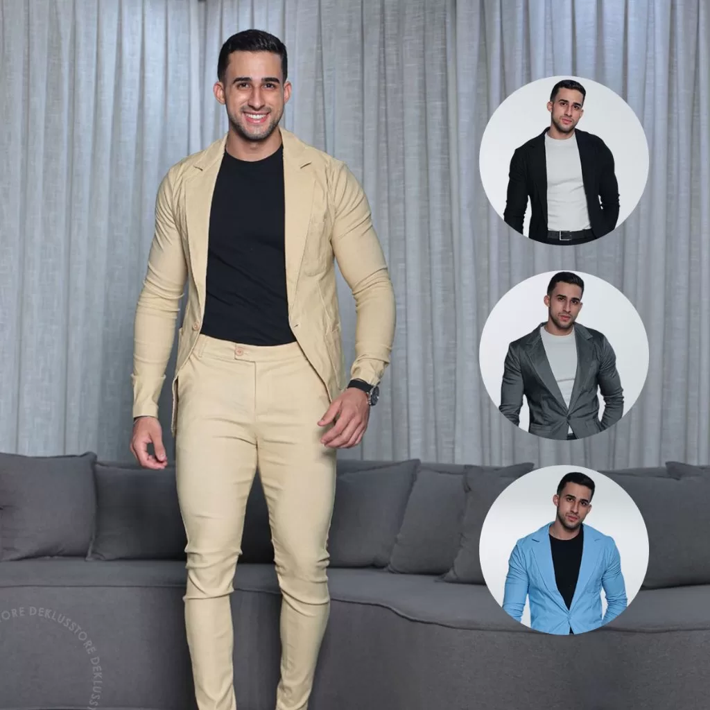 Conjunto Blazer e Calça Alfaiataria Masculino Elastano Slim 2 Peças Bengaline Esporte Fino Casamento