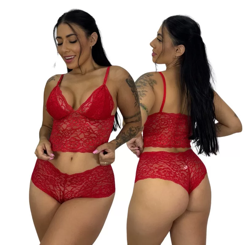 Conjunto Cropped Sem Bojo e Calcinha em Renda Sutiã Confortável Top Barato Sensual Sexy Ajustável