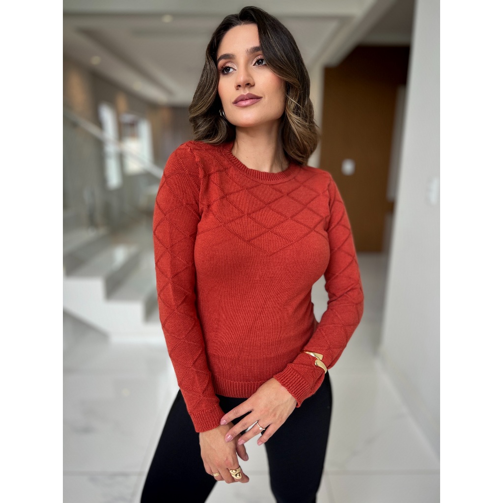 Blusa de Frio Feminina Tricot Modal Premium Trabalhada Gola Redonda Manga Longa Moda Inverno