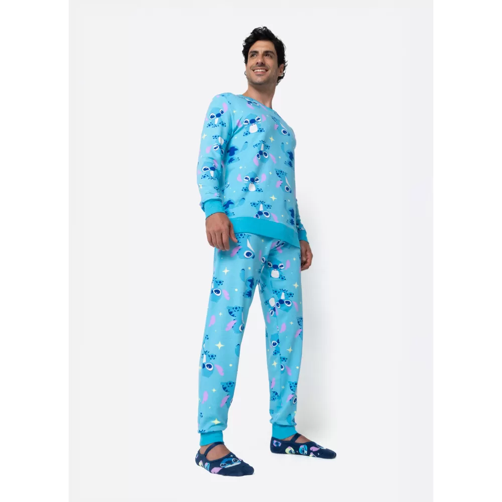 Pijama Masculino Inverno Puket Blusa Manga Longa e Calça Ultra Visco 2 Peças Stitch Disney