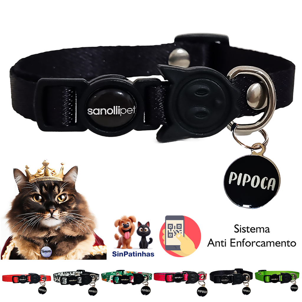Kit Coleira Para Gato Mais Plaquinha Com Nome E Telefone Preto Qr Code Com Sistema Anti Enforcamento