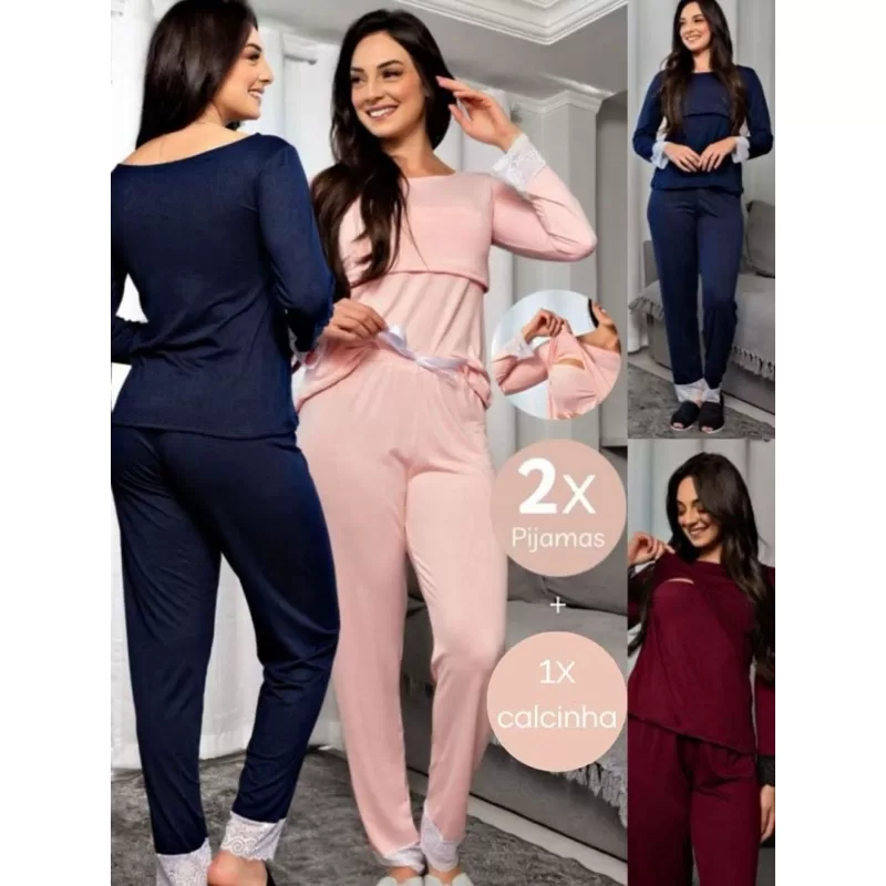 Kit 2 Pijamas De Amamentação Para Gestantes Pós Parto