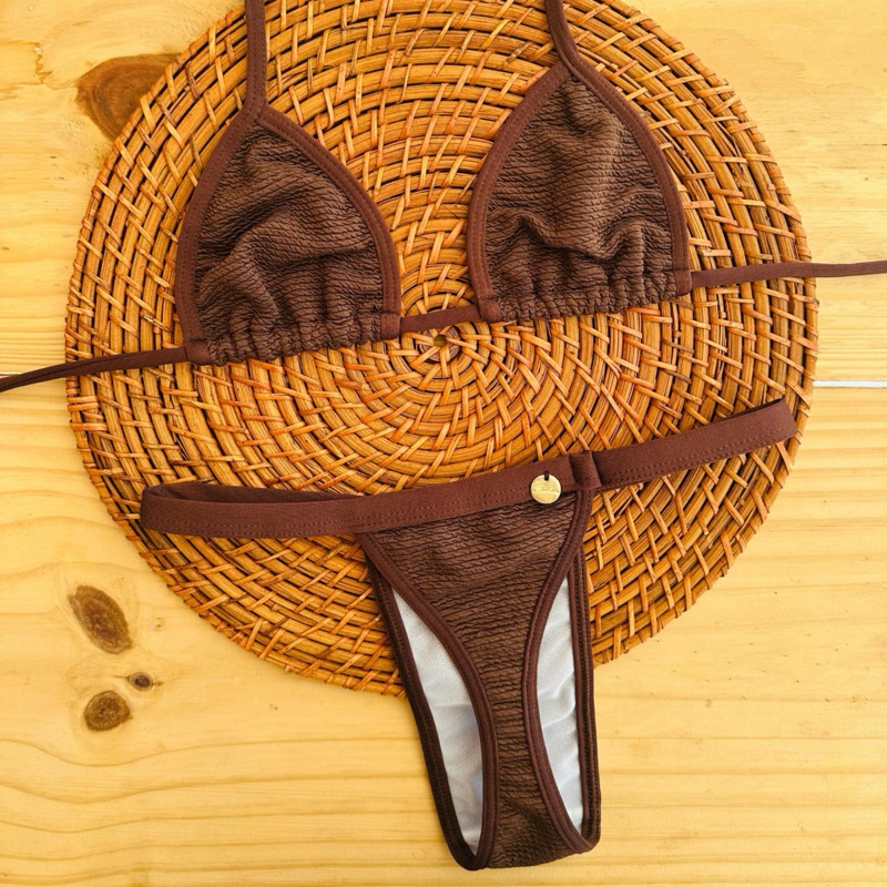conjunto biquíni Cortininha fita bronze tecido anarruga