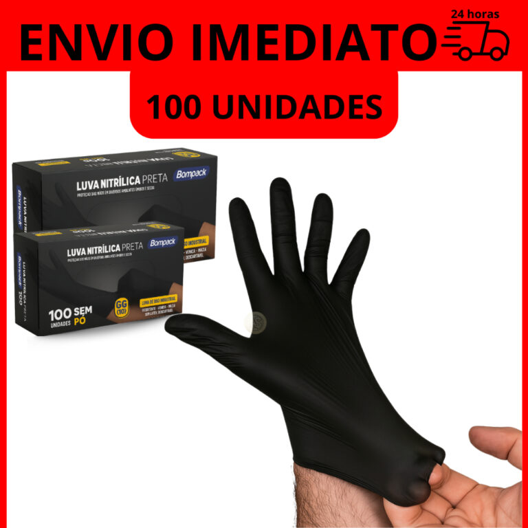 Luva Nitrilica Preta Descartavel Sem Pó 100 unida