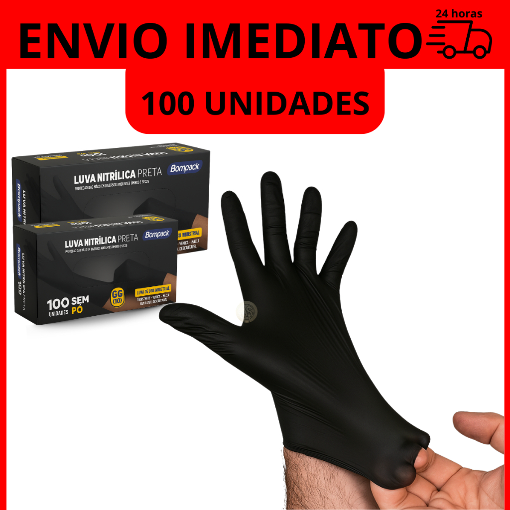 Luva Nitrilica Preta Descartavel Sem Pó 100 unidades Resistente Ambidestro Industrial e Domestico