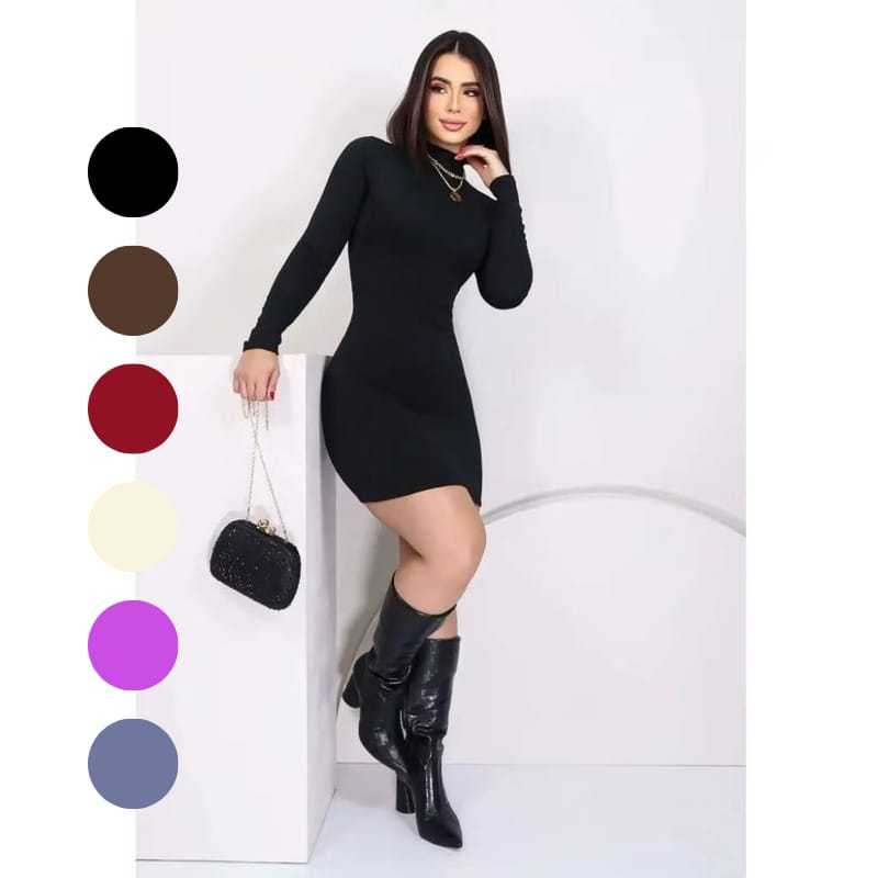 Vestido Feminino Gola Alta Manga Longa Curto Anarruga Premium Zero Transparência Inverno