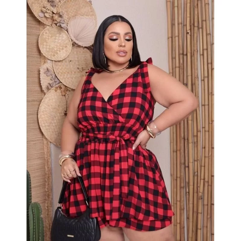 Vestico macaquinho plus size short saia Xadrez de amarrar no ombro G2 e G3 festa junina São João