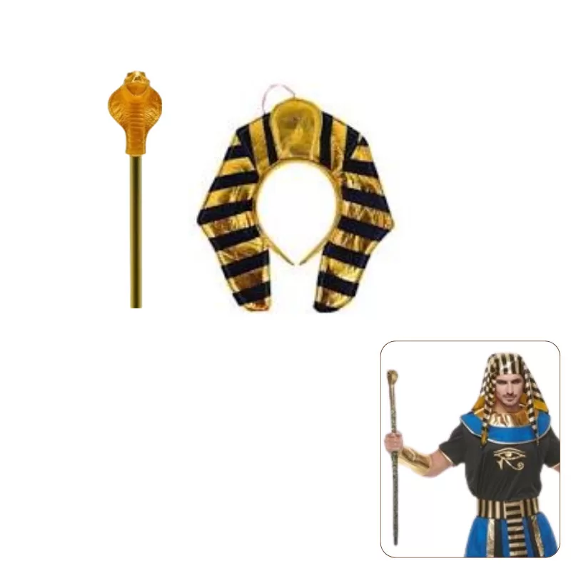 Kit Fantasia, Tiara Faraó e Cetro Estilizado Cobra, Fantasia de Faraó, Cleópatra do Egito – Adulto