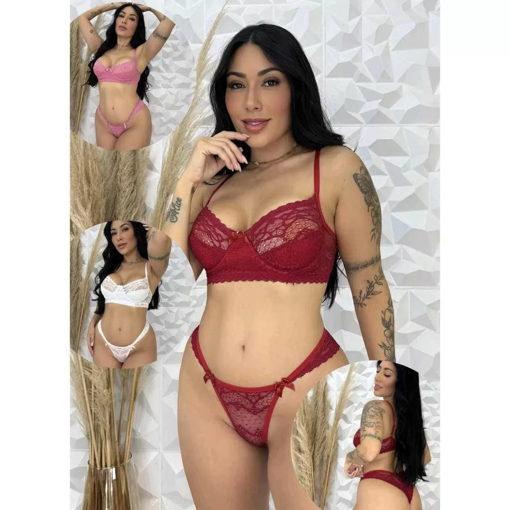 Kit 3 Conjunto Lingerie Sutiã De Renda Sem Bojo Com Aro Calcinha Com Regulagem Fanny