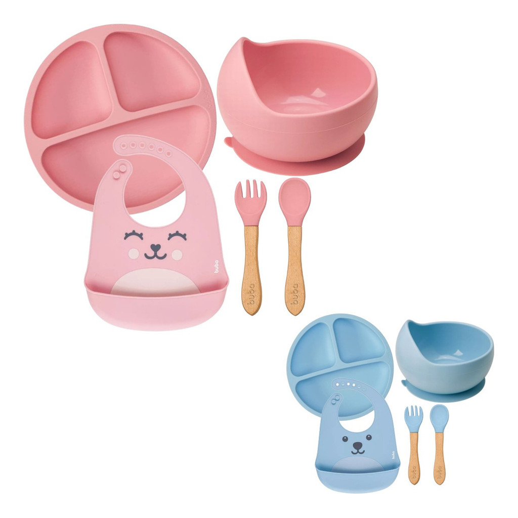 Kit Introdução Alimentar Buba Pratos Talheres Silicone Bambu